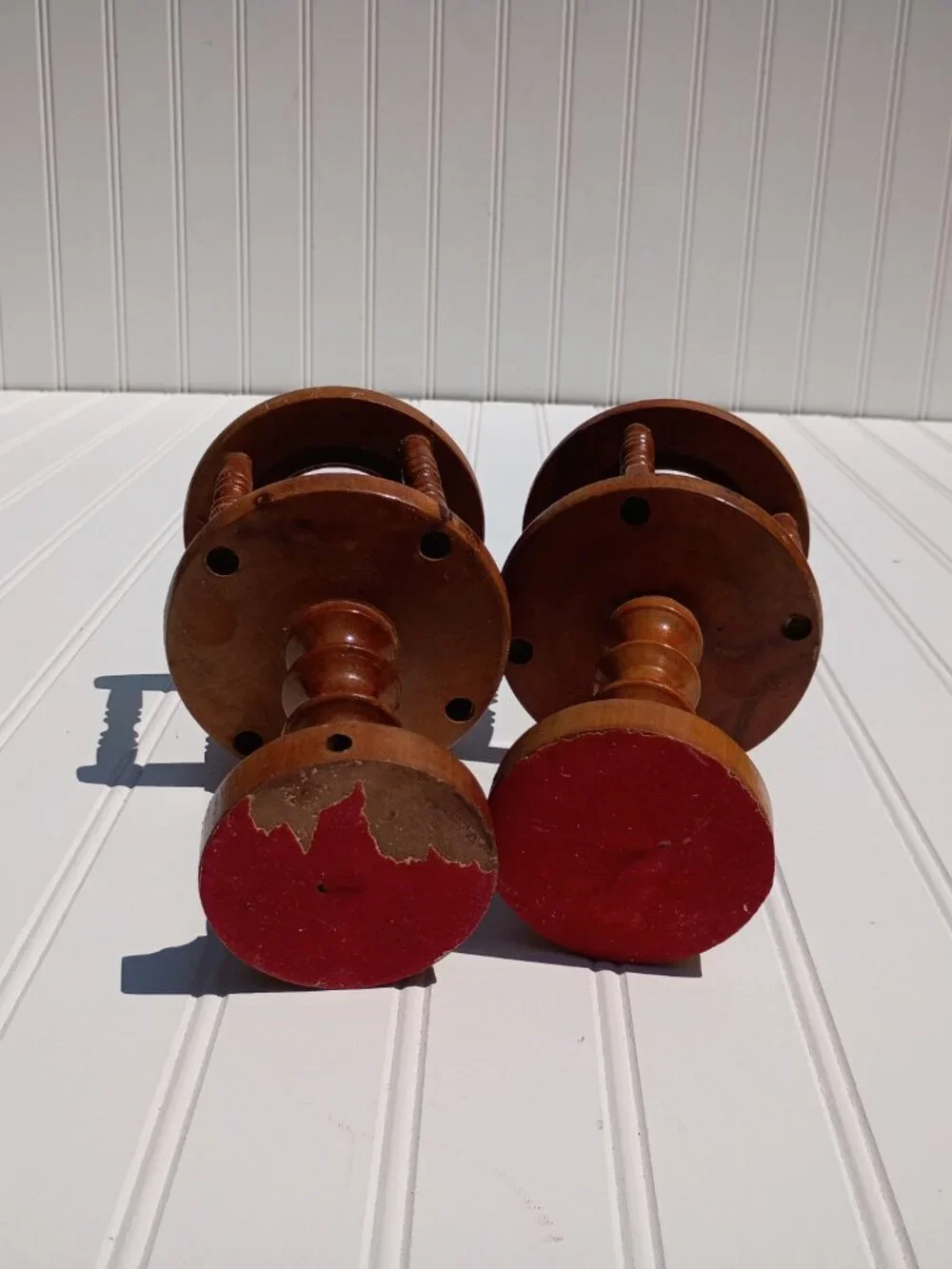 Vintage Turned Wood Candle Holder Pair Cage Spindle Taper Rustic Farmhouse MCM